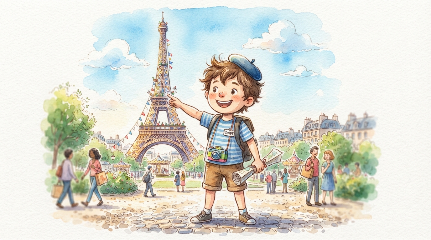 Un petit garçon habillé en guide touristique, avec un béret, un badge « GUIDE » et un appareil photo autour du cou, pointe fièrement du doigt la tour Eiffel derrière lui, un plan enroulé à la main